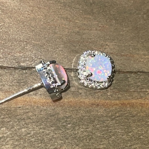Simulated Fire Pink, Blue Opal, White Gold Plated, Cubic Zirconia Stud Earrings - Picture 12 of 12